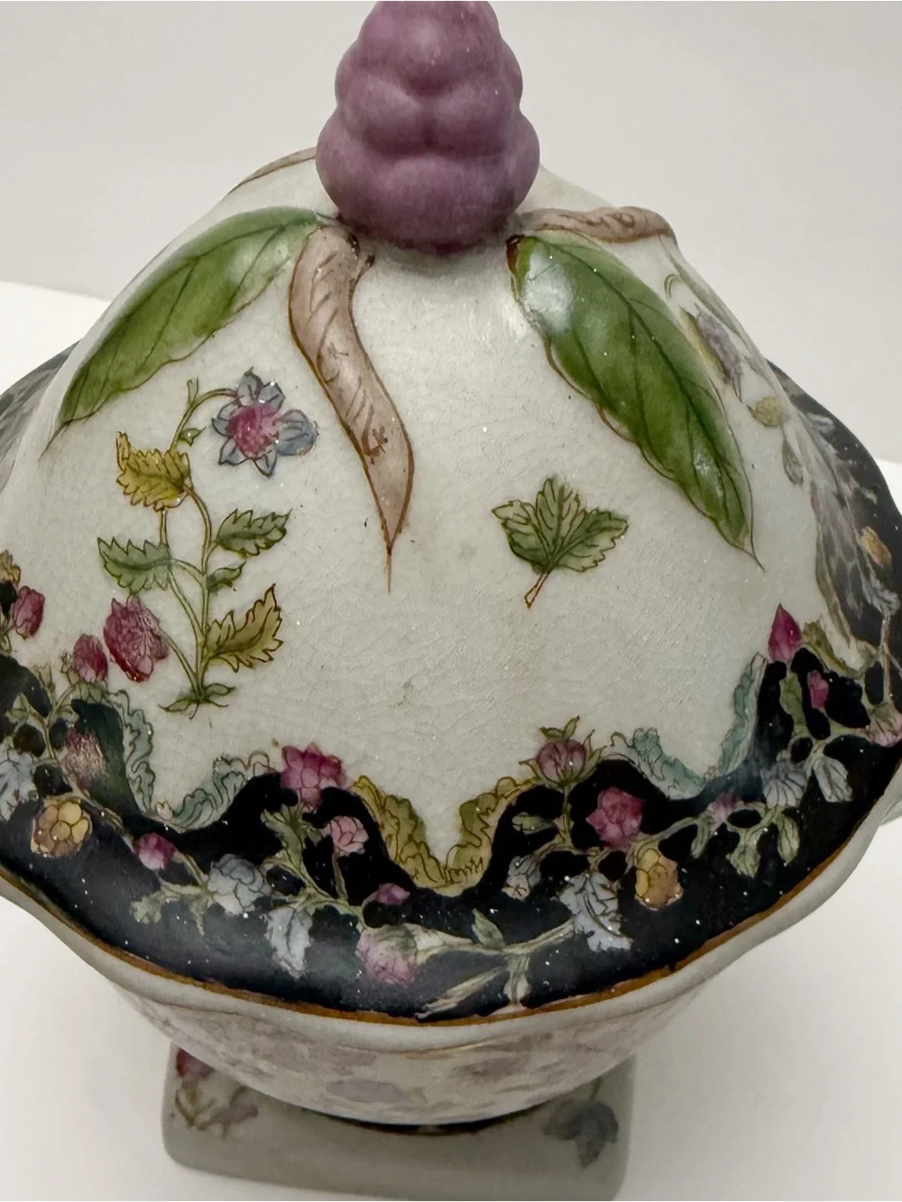Vintage Chinese Floral Porcelain Lidded Pedestal Footed Small Urn Crackle Finish